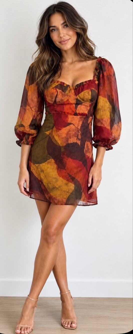 Hutch Mini Dress Fall Red & Orange Adela Balloon-Sleeve Sweetheart NWT size 8